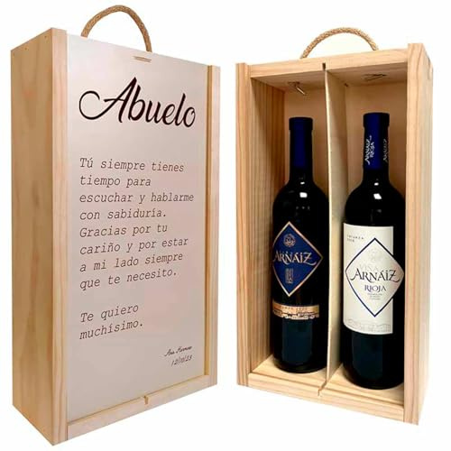 Adri - Regalos personalizados originales para padres, madres, hermanos, abuelos - Caja de madera personalizada con botellas de vinos incluidas (FRASE ABUELO)