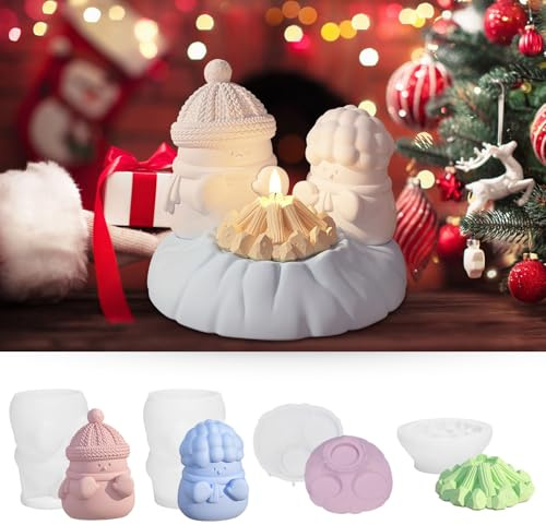 4 pièces Moules Bonhomme Bougie de Neige de Noël,3D Bonhomme de Neige Bonfire Candle Moule, Bricolage Artisanat Noël Ornements Décoration D'hiver