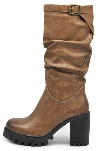 IF FASHION Stivali Arricciati Al Polpaccio da Donna In Pelle Sintetica Con Tacco Grosso Plateau Fibbia G693 khaki N.37