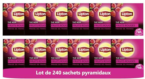 Lipton Thé Noir Fruits Rouges Aromatisé Fraise de France, 20 Sachets (Lot de 12)