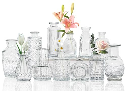 Kleine Glasvasen Set von 12, für Tischdekoration, Hochzeit, Empfang, Zuhause, Vintage-Flaschen, Transparent, Dekorative Glasvasen mit Deckeln(12, Transparent)
