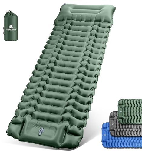 WARMTUYO Isomatte Camping, Ultraleicht Camping Aufblasbare Matratze mit Fußpresse Pumpe und Kopfkissen, Faltbare Wasserdicht Luftmatratze Anti-Ripstop Schlafmatte für Wandern, Strand, Outdoor