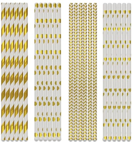Pailles en papier, Lot de 200 pailles en papier colorées, pailles à boire flexibles, à boire biodégradables, de fête, pour fêtes, mariages et occasions, dorées