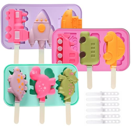 3 Pcs Ice Lolly Moulds, Ice Pop Moulds with 18 Sticks, Silicone Popsicle Molds for Kids, Reusable Easy Release Ice Lolly Moulds with Sticks, BPA Free Car Dinosaur Rocket Modeling Lollipop Moulds
