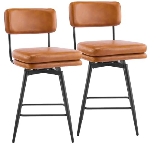 Bonnlo 360° Swivel Bar Stools set of 2, Detachable Backrest Kitchen Stools with Double-layer PU Leather Seat, Iron Legs& Footrest, Brown Bar chair for Home, Restaurant