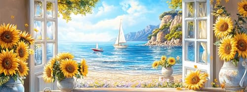 Bimkole DIY 5D Grande Diamond Painting Kit Completo Fai da Te Finestra, Girasoli Pittura Diamante Punto Croce Strass Arte E Creazione Di Mosaico Decorazione Murale Artigianale 30x80 cm