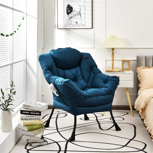 COSTWAY Fauteuil Salon Scandinave avec Oreiller et Poche Latérale, Confortable pour Lecture, Cadre en Métal pour Charger de 114 kg, Bleu