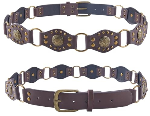 CABODYALS Brauneer Vintage Hüftgürtel Aus Leder Mit Metallnietenschnalle Scheibe Verstellbare Kette Boho Western Country Dekorativer Stilvoller Gürtel Für Damen Und Herren Outfit Jeans Kleid Accessoir
