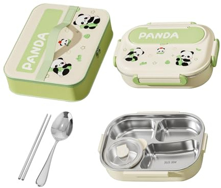 304 Caja de almuerzo de acero inoxidable, compartimentos múltiples, panda/capibara, caja de metal be-nto, recipientes de bocadillos para niños con copa de sopa/condimento de 5 oz, portátil y versátil,