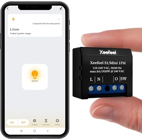 Xeefeel Mini 1PM WLAN & Bluetooth Smart Relais Schalter, 1 Stück | Smart-Relaisschalter, Keine Weiterleitungsfunktion Leistungsmessung, Fernsteuerung, für Alexa Google Home Sprachsteuerung