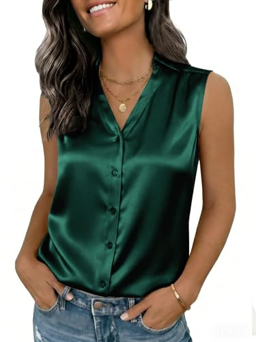 Funlingo Silk Blouses for Women Sleeveless Satin Business Casual Tops Sexy V Neck Work Shirts 2026 Summer Fashion Going Out Clothes Dark Green L