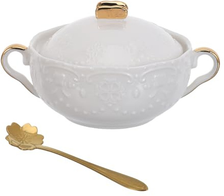 Sewroro Soperas De Porcelana Blanca Tapa y Doble Asa, Juego De Cerámica Para Sopas, Ensaladas y Postres, Fácil De Limpiar