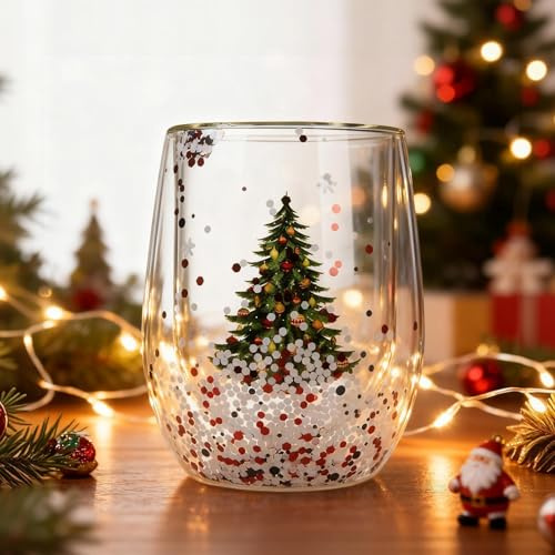 Latte Macchiato Gläser Weihnachten Doppelwandig, Weihnachtsgläser 300ml, Doppelwandige Kaffeegläser Thermogläser, Pailletten Weihnachtsbecher Glühweingläser, Weihnachtsglas Weihnachtsgeschenke (D)