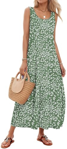 MOLERANI Summer Dresses for Women Sleeveless Maxi Dress Scoop Neck Ladies Dress Beach Dress with Pockets Olive Green XL