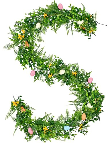 Artificial Easter Egg Grass Garland – 5.7ft Spring Greenery Vine with Colorful Speckled Eggs and Yellow Flowers for Easter Decor, Mantel, Doorway, Table, and Party Decorations