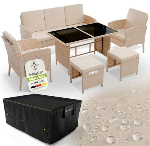 Juskys® Polyrattan Gartenmöbel Sitzgruppe Turin Set 6 teilig inkl. Abdeckung - 7 Personen - Outdoor Möbel mit Sessel, Hocker, Tisch & Kissen - Loungemöbel Creme