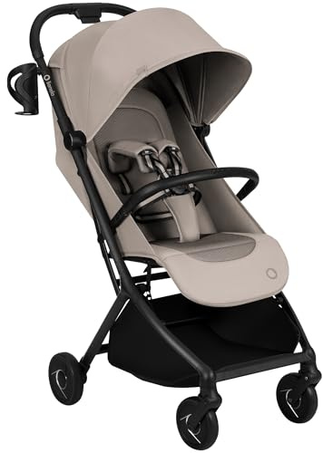 Lionelo Sia Resebarnvagn (6 mån–4 år) upp till 22 kg – Ultralätt 5,9 kg & Kompakt, Enhandstyrd, Punkteringsfria Hjul med Fjädring, UPF50+ Vattentät Sufflett, Står Ihopfälld, Myggnät Mugghållare, Beige