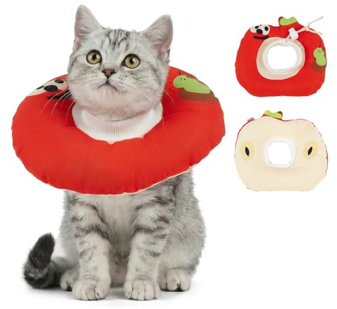 Cat Cone Collar Soft, Lightweight Cat Doughnut Collar after Surgery, Neck Wound Protection, Cute Apple-Shaped Cones to Stop Scratching, Waterproof Kitten Neck Brace to Anti-Licking, Red M