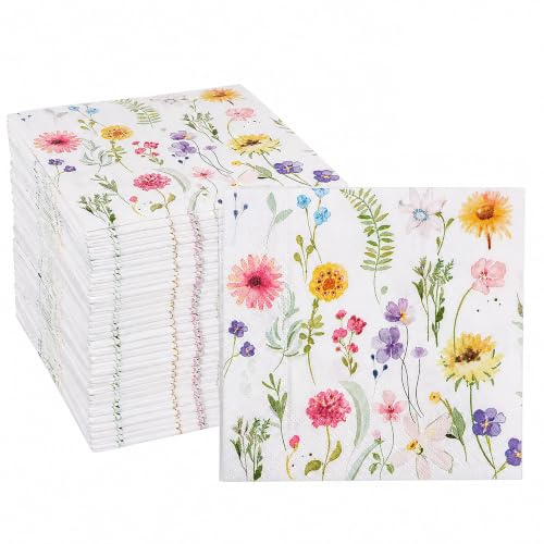 Floral Paper Napkins, 33x33cm Colorful Flower Patterned Disposable Serviettes Tissue for for Banquet, Birthday, Baby Shower, Picnic, Wedding Anniversary Decorations H21-HHTAZJ