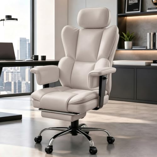 WXJHL Kontorsstol För Chefer,Högt Ryggstöd I PU-Läder Svängbar Med Fotstöd,Ergonomisk Recliner Design Med Svankstöd Och Justerbart Nackstöd För Hemmakontor Eller Gaming (Beige)