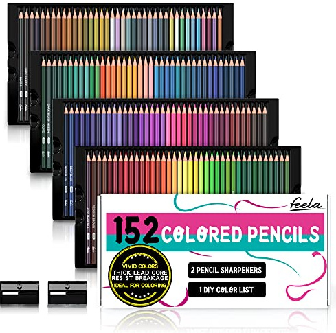Feela Colouring Pencils Set, 152 Colours Coloured Pencils with 2 Sharpeners, Soft Core Drawing Art Pencils for Adults Beginners & Artists, Professional Art Supplies for Drawing, Colouring & Sketching