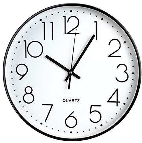 Tosnail 12 Inch Large Non Ticking Wall Clock, Round Silent Battery Operated Wall Clock for Living Room, Bathroom, Bedroom, Kitchen, Office Wall Decor - Modern Black Frame