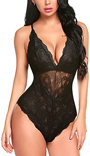 Avidlove Plus Size Sexy Lingerie Lace Teddy Bodysuit Snap Crotch One Piece Lingerie Black XXL