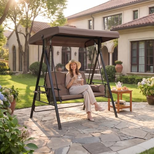 PURPLE LEAF Hollywoodschaukel 2 Sitzer mit Verstellbares Sonnendach, Beige | Gartenschaukel Metall, Wetterbeständige Materialien, Starke Verbundfeder, Einfache Installation, für Außenbereiche