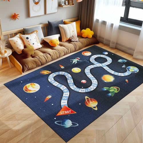 SIMPEX Kinderteppich Marineblau 120x170 cm Weltraum Design Modern rutschfest Waschbar Pflegeleicht Extra Weich Antiallergen Babyteppich Kinderzimmer Jungen Mädchen