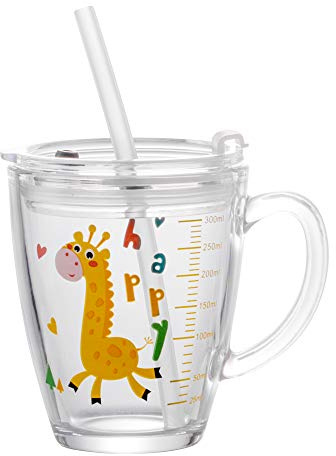 LONTG Gobelet en Verre Transparent Tasse à Lait avec Paille Tasse d'eau Couvercle Anti-fuite Verre à Boire avec Poignée Échelle Mug avec Motif Dessiné 350ML14 Ans et Plus