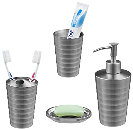 Relaxdays Badezimmer Set, 4-teilig, Seifenspender, Seifenschale, Zahnputzbecher, Zahnbürstenhalter, Edelstahl, Silber