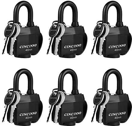 CINCINNO Weatherproof Padlocks for Outdoor Use, 6 Pack Keyed Alike Padlocks with 1-9/16 Wide Body, Heavy Duty Pad Lock for Sheds, Storage Unit, Gate, Fence, Toolbox, Locker