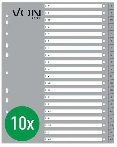 VON Leitz 10er Pack Alphabet-Register A-Z, A4 für Ordner, PP-Karton, Extra breit, 11-Loch-Universalregister für Schnellhefter & Ringbücher, alphabetische Trennblätter, Grau, 12290085