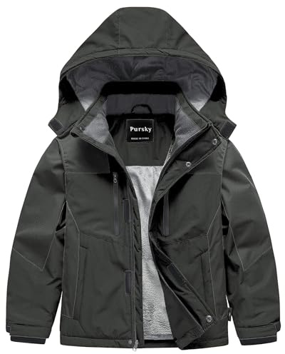 Pursky Girls' Snow Wear Boys Ski Coat Kids Insulated Waterproof Windproof Breathable Jacket Grey 10/12