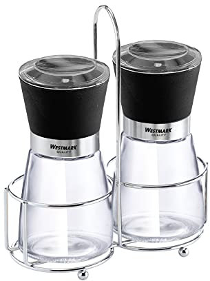 Westmark Menage Gewürzmühle, 3-tlg., Salz- und Pfeffermühle + Ständer mit Tragegriff, Kunststoff/Glas/Keramik, Blacky, Transparent/Schwarz/Silber, 63572260