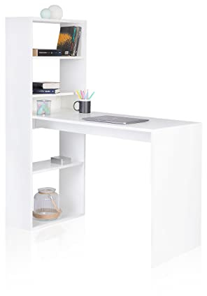 duehome | Escritorio Juvenil con Estanteria Reversible, Mesa de Ordenador, Modelo Qanik, Acabado en Blanco, Medidas: 122,5 cm (Largo) x 49,5 cm (Ancho) x 140 cm (Alto)
