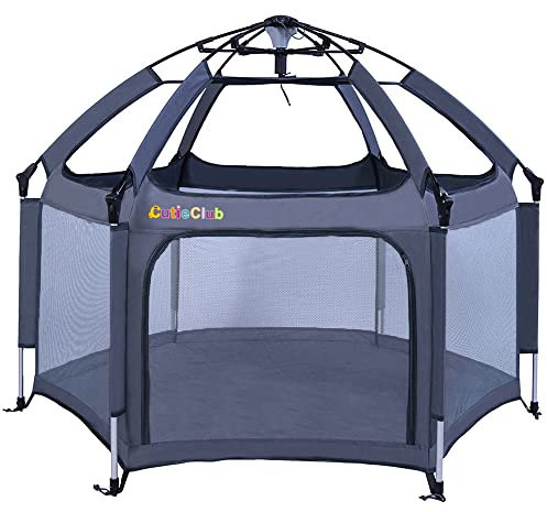 Laufstall Baby Faltbar mit Matratze, CutieClub Laufgitter Baby Pop-up Laufstall, Großer 6 Eckig Playpen mit Anti-UV-Überdachung Reiselaufstall mit Tragetasche für Haus,Garten,Strand Outdoor (Grau)