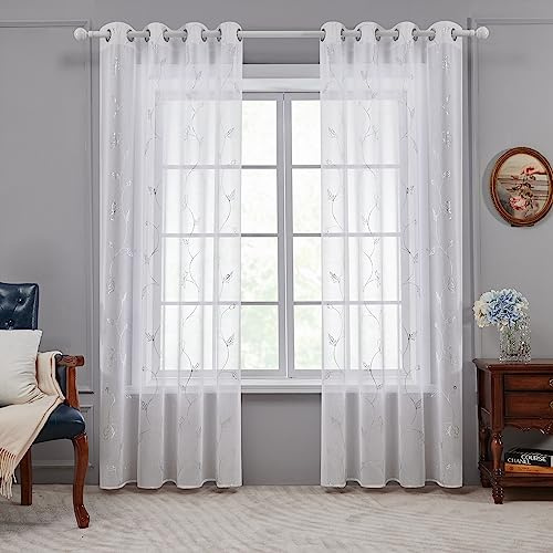 Deconovo Gardinen Weiß Vorhang Transparent Leinenoptik Ösenvorhang Voile Ösenschal Wohnzimmer, 160x140, Blumen
