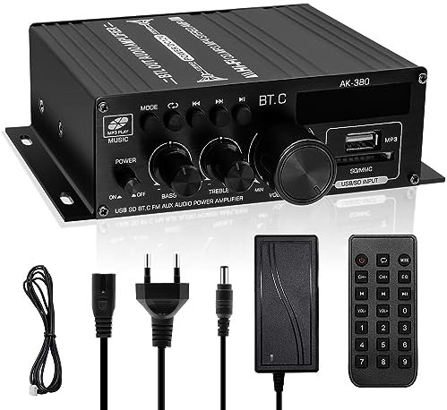 AK-380 40WX2 Max 400W HiFi-Verstärker-Bluetooth 5.0, 2 Kanäle Mini-Stereo Audio Verstärker Receiver mit 12V 5A Stromversorgung, Fernbedienung für Auto Home Bar Party