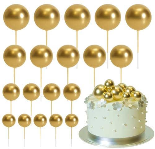 ASTARON 20 Pcs Gold Ball Cake Toppers Decorations - Mini Balloons Cake Topper Sticks for Wedding, Birthday, Baby Shower & More