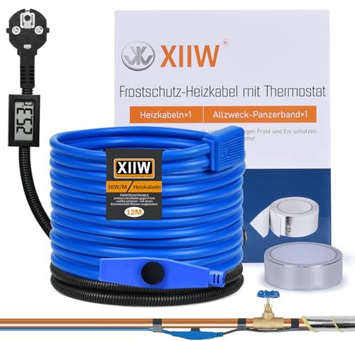 12M Frostschutz Heizkabel mit Thermostat und Temperaturanzeige, 230V Heizleitung Rohrbegleitheizung 16W/M für Wasserleitung, Wasserdicht Begleitheizung Heizkabel für Rohrleitungen
