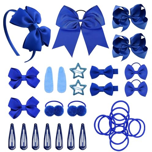 SKHAOVS 33 Stück Blau Schleife Haarschmuck Set Elastische Haargummi Mädchen Kleine Haargummi Stirnband Schleifen Band Mini Haarband Soft Kinder(Königsblau)