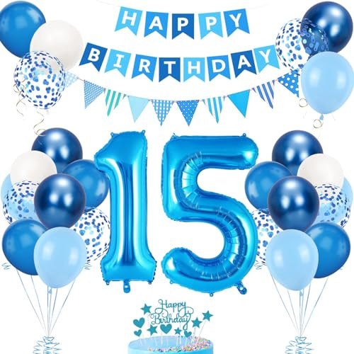 15. Geburtstag Deko Blau, Luftballon 15. Geburtstags, Geburtstagsdeko 15 Jahr, Mädchen 15 jahre Geburtstags Deko-Set, Zahl 15 Luftballons Tortendeko Blau Weiß Ballons für Geburtstag Party Deko