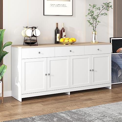 Ctastay Credenza in Legno con 4 Ante, 3 Cassetti e 4 Divisori, Mobile Contenitore Buffet per Soggiorno, Cucina e Camera da Letto, 160 X37x 75 cm,Naturale e bianco