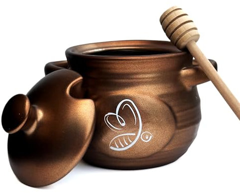 Rooty Heart Ceramic Honey Pot, Honey Container with Dipper, Metallic Neutral Color Honey Jar, Honey Dispenser, Ceramic Pot, Stylish Honey Storage for Rustic, Modern, Home and Farmhouse Kitchen Decor