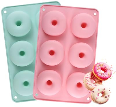 AIBAOBAO 2 Pezzi Stampi per Ciambelle in Silicone, Antiaderente Ciambelle Stampo, Stampo per Ciambelle in Silicone di Cottura 6 Cavità, per Donuts, Biscotti e Muffin, Colori Verde e Rosa