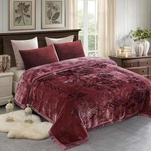 JML, Fleecedecke im koreanischen Stil, King-Size (ca. 221×239 cm), 4,8 kg, weiche und warme Raschel-Decke, 2-lagig, beidseitig Bedruckt und geprägt (Blumen- und Zweigmuster Woodrose)