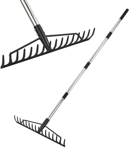 Garten Rechen,Breite Harke aus Metall,158cm Metall Rechen mit Edelstahlgriff,Harke mit 16 Stahlzinken,Rasenrechen,Gartenrechen,Laubrechen - zum Boden Lockern und Rasen Nivellieren,Heurechen für Rasen