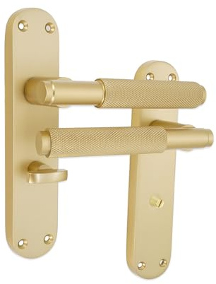 Infinity Decor Modern Knurled Lever Bathroom Door Handle on Backplate with Thumb Turn Satin Brass Pull 185mm x 40mm – Ideal for Interior & Exterior Doors
