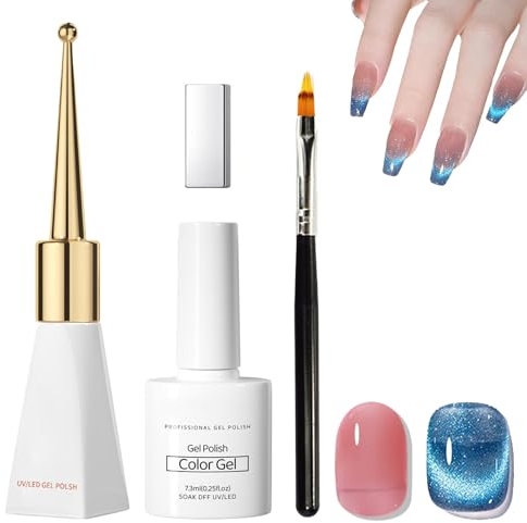 Gel Nail Polish Set 2Pcs Blue Cat Eye Gel Nail Polish,Pink Jelly Gel Nail Polish for Gradient Nails Blue Magnetic Gel Polish with Magnet and Nail Art Brushes Jelly Gel Polish Set for DIY Nail Art